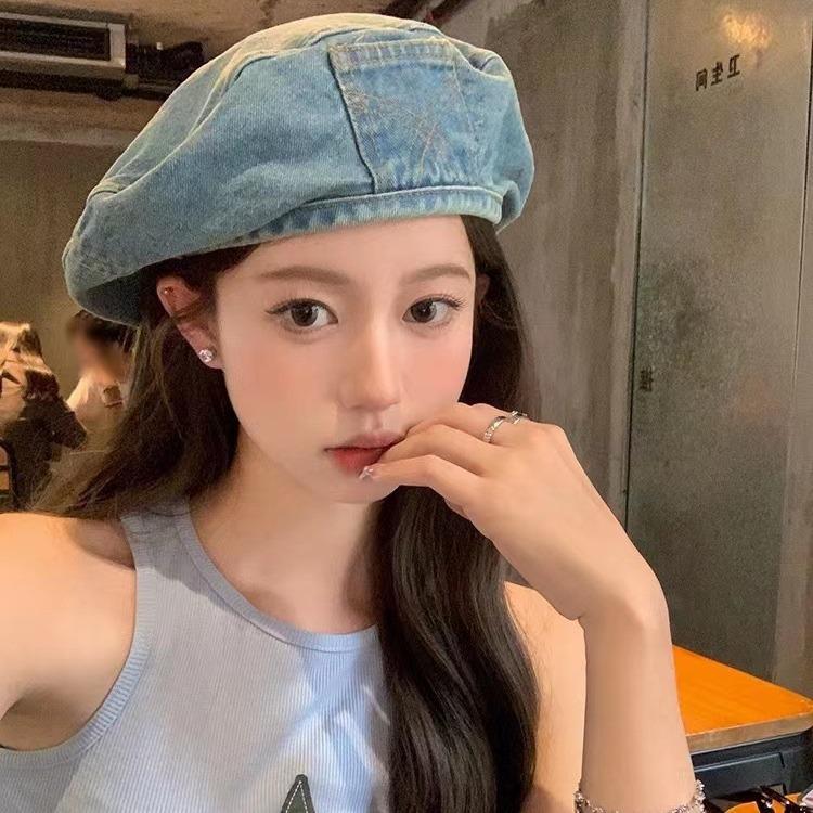 New denim beret women's summer new retro face small round face retro bud octagonal hat big head circumference