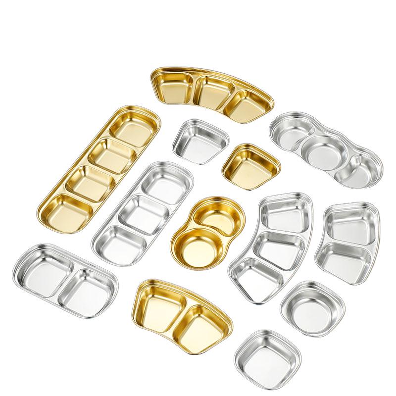 Golden Korean-Style Two/Three-Compartment Sauce Dishes – 304 Stainless Steel for Kimchi, Barbecue, and Hot Pot Seasoning.