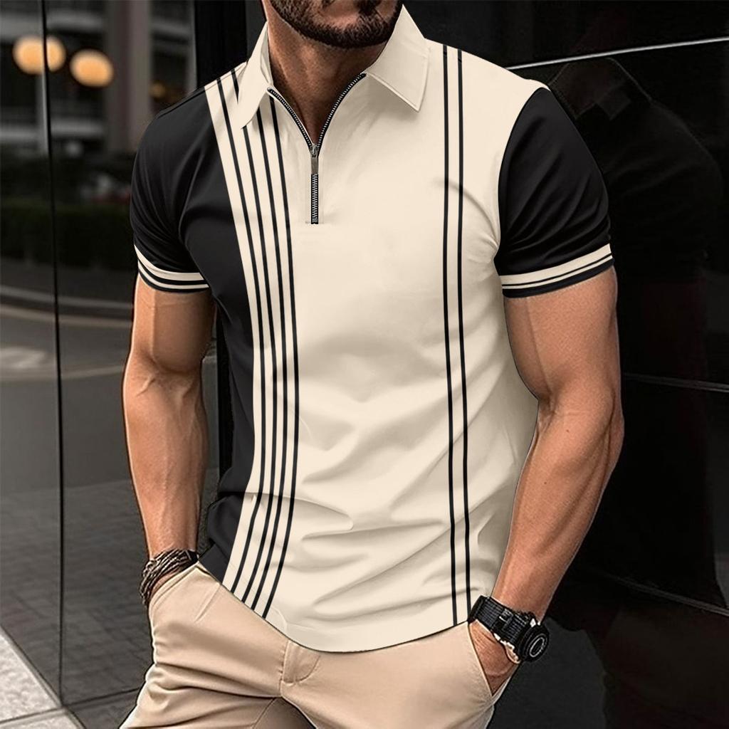 Men's Casual Polo Shirt Striped Short Sleeve T-Shirt Men's Breathable Top Commercial Zipper lapel Street Casual Wear