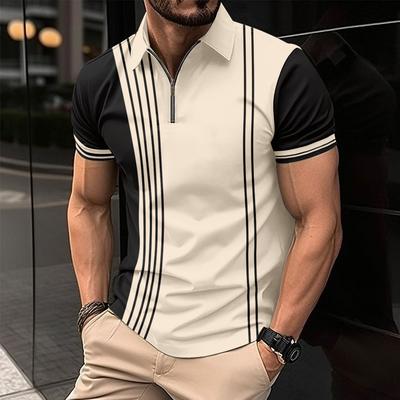 Herren Casual Poloshirt Gestreift Kurzarm T-Shirt Herren Atmungsaktives Oberteil Kommerzieller Reißverschluss Revers Street Casual Wear