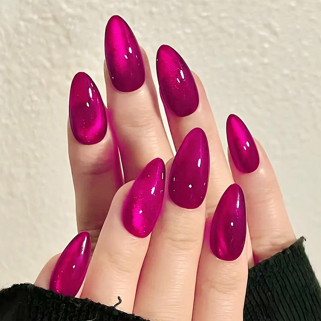 Rose Red Cat Eye Almond Press On Nails 24Pcs Glossy Stick On False Nails Simple DIY Manicure Patches For Women