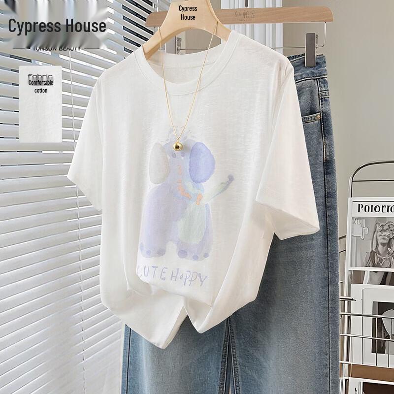 Women s Lyocell Blend Cartoon Print Round Neck T-Shirt One Size