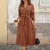Women's Corduroy Long Sleeve Dress 1011 New European and American Casual Medium and Long V-Neck Skirt Autumn