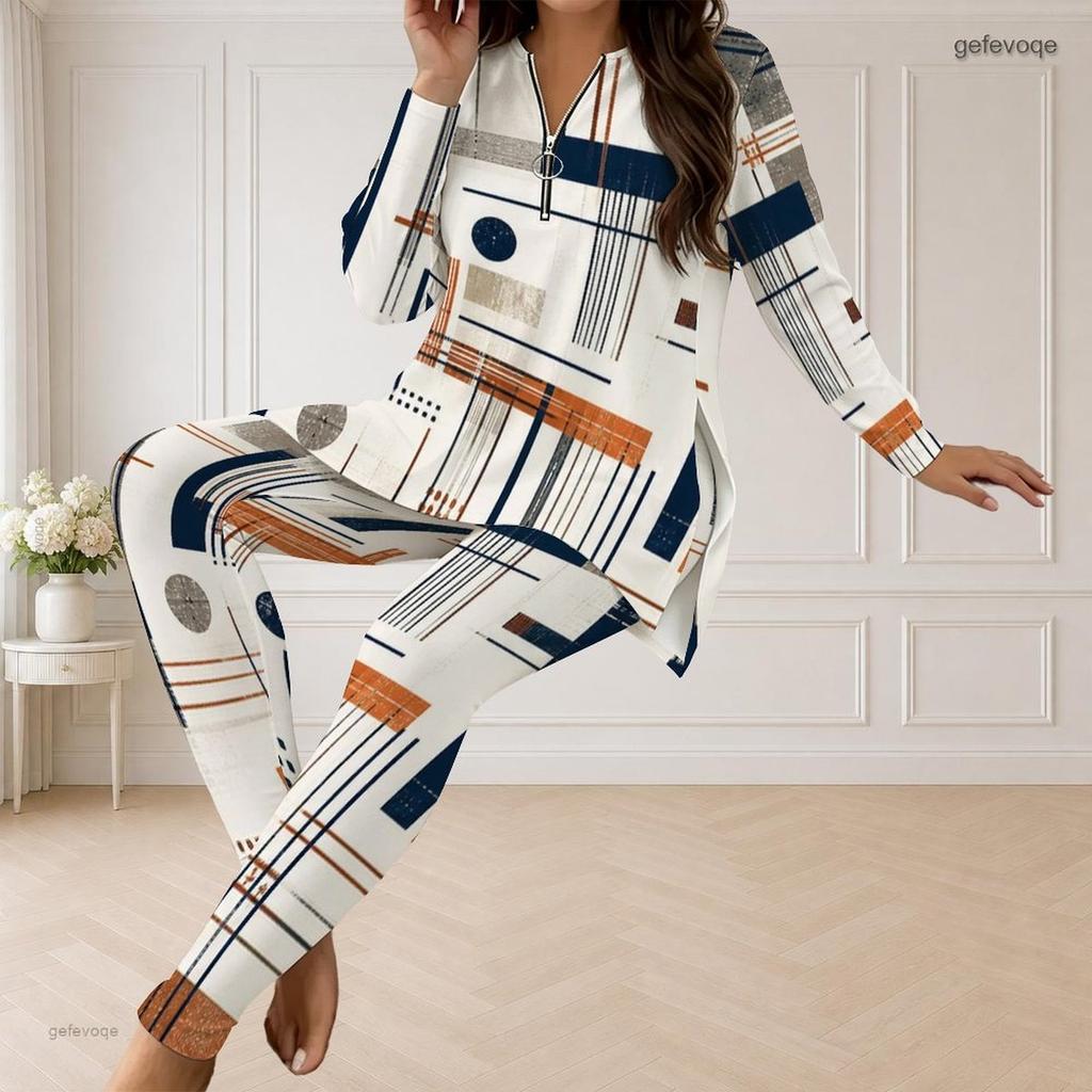 Women Plus Size Half Zip Long Sleeve Radial Geometric Printed Two Piece Set Black White Orange Longline Top Fitted Pants