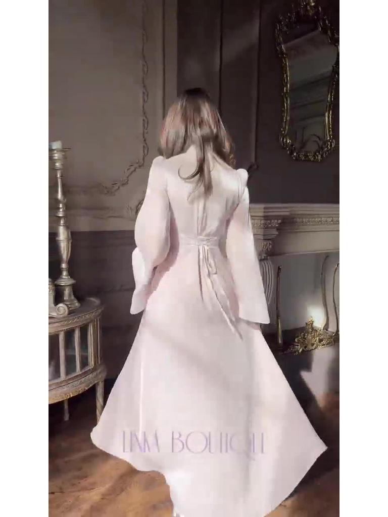 2024 Women's French Style High Neck Long Sleeve Waist-Cinched Maxi Dress