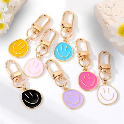 Lovely Smile Face Keychain Cute White Purple Yellow Pink Blue Black Enamel Metal Key Ring Bag Accessories For Women Ladies CLE