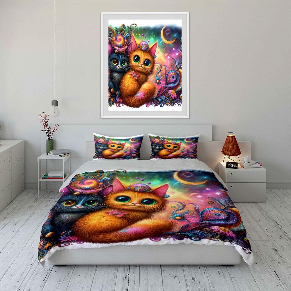 Whimsical Cosmic Kittens' Charm Bedding Sets Duvet Covers Pillowcases(1* Duvet Cover 2* Pillowcases Without Duvet Insert)