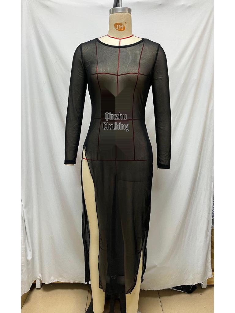 2024 Beach Vacation Mesh Swimsuit Long Cover-Up Dress - Sexy Round Neck Transparent Bikini Cover-Up