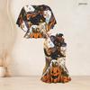 Women Plus Size Round Neck Batwing Sleeve Ruffle Hem Top Fishtail Skirt Halloween Printed Two Piece Set