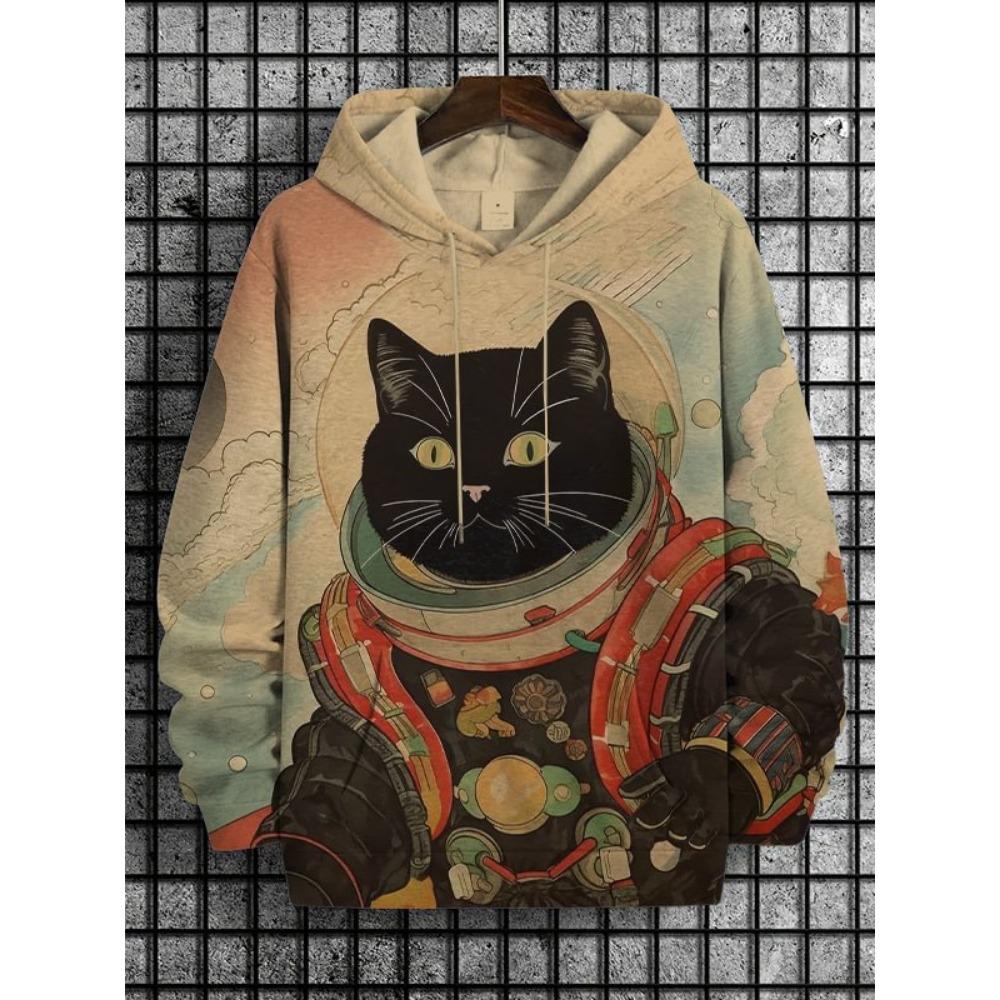 Cartoon Space Cat Pattern Hoodie Men's New Autumn/Winter Loose Pullover Sports Sweatshirt