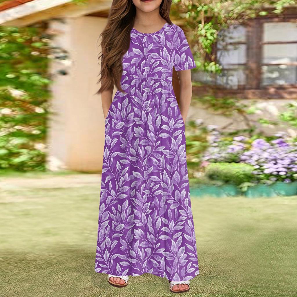Girls' Long Summer Dress - Short Sleeve Pocket Maxi Dress For 4-14Y