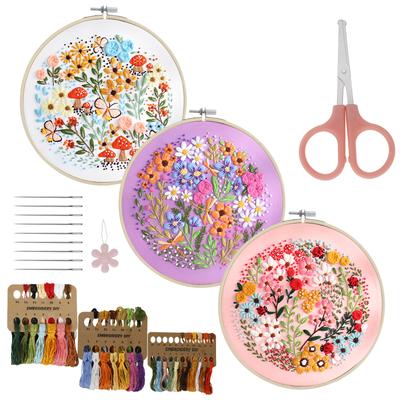3Pcs Embroidery Set for Beginners Adults DIY Stitch Practice Kit Plant and Floral Pattern Embroidery Stitch Kit with Instruction