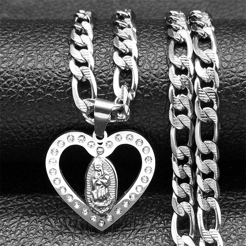 Virgin Mary Crystal Love Heart Charm Pendant Necklace for Women Men Stainless Steel Catholic Gold Color Chain Guadalupe Jewelry