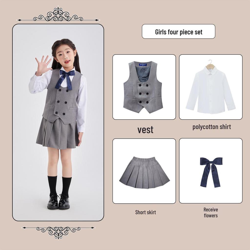 Children's Academic Style School Uniform Set: Primary School Vest & Kindergarten Short Sleeve for Back to School Photography