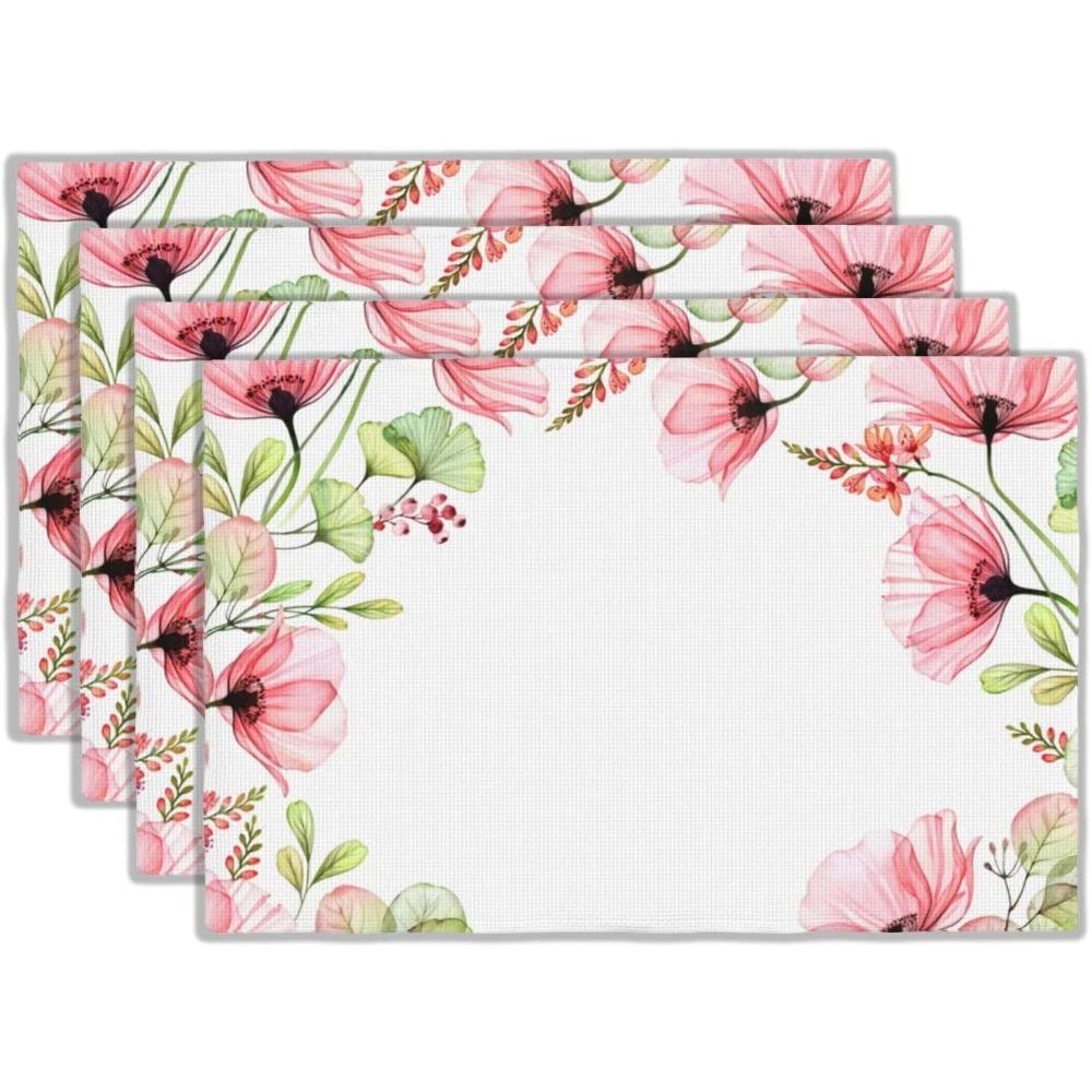 Pink Flowers Placemats Set Of 4 Watercolor Summer Floral Seasonal Linen Washable Place Mats Rectangular Cloth Table Mat For Part