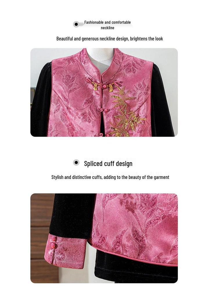 Stylish Frog Button Vest Suit: Elegant Spring Outfit with Chinese Embroidery for Middle-Aged and Elderly Women
