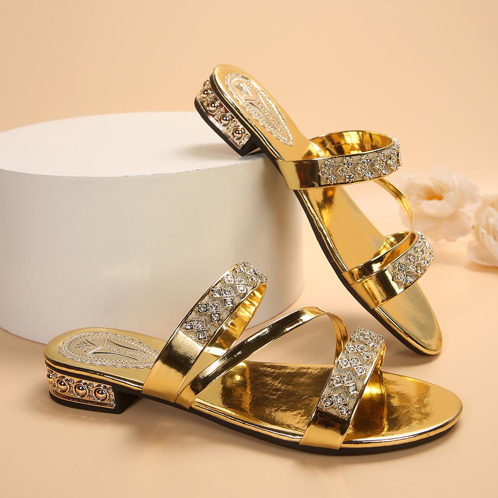 2025 New Women Slippers Open Toe High Heel Rhinestones Shoes Medium Heel Thick Heel Slippers Lightweight Sandals Slides Women