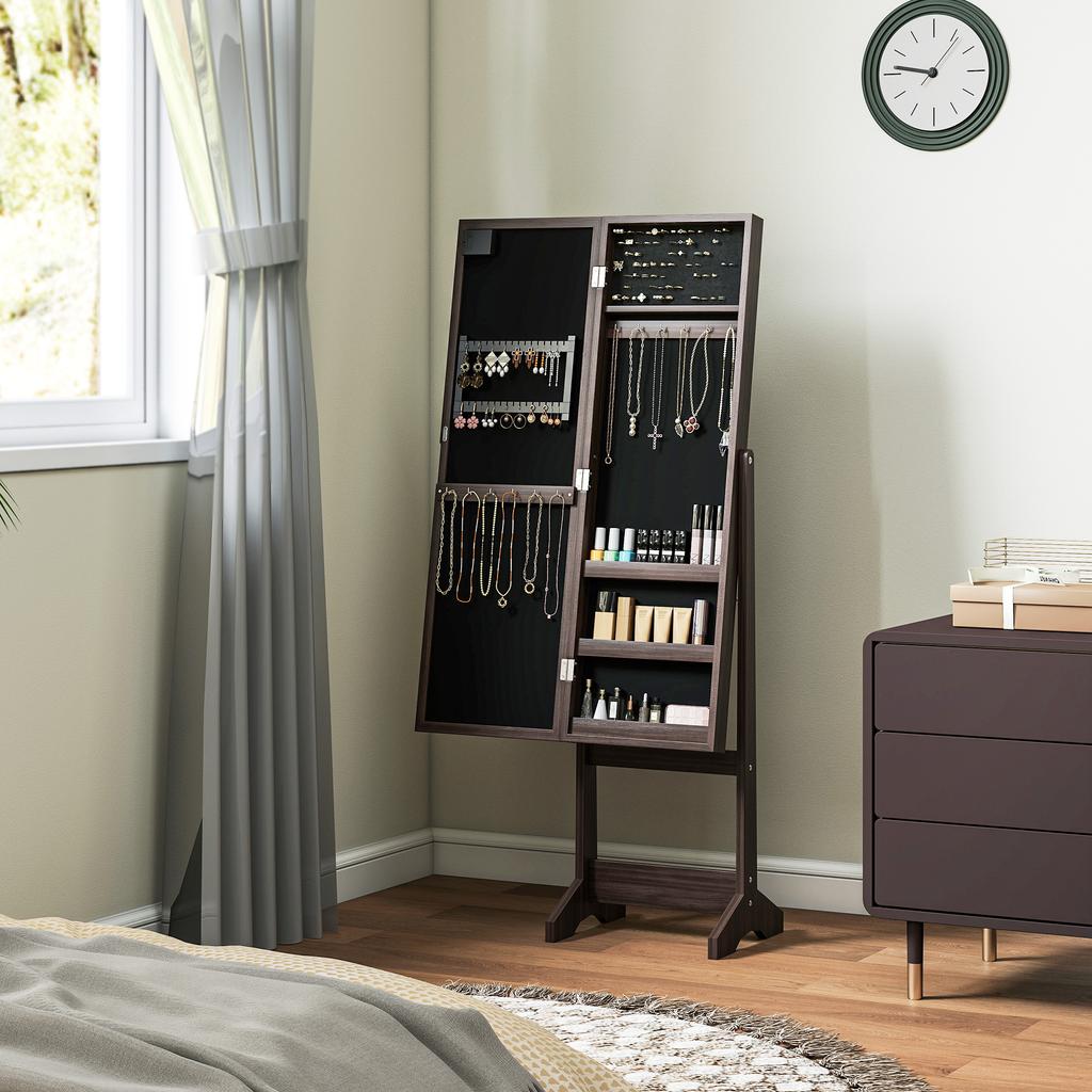 Freestanding Jewelry Armoire with Mirror, Multi-Storage, LED Lighting, Dark Brown