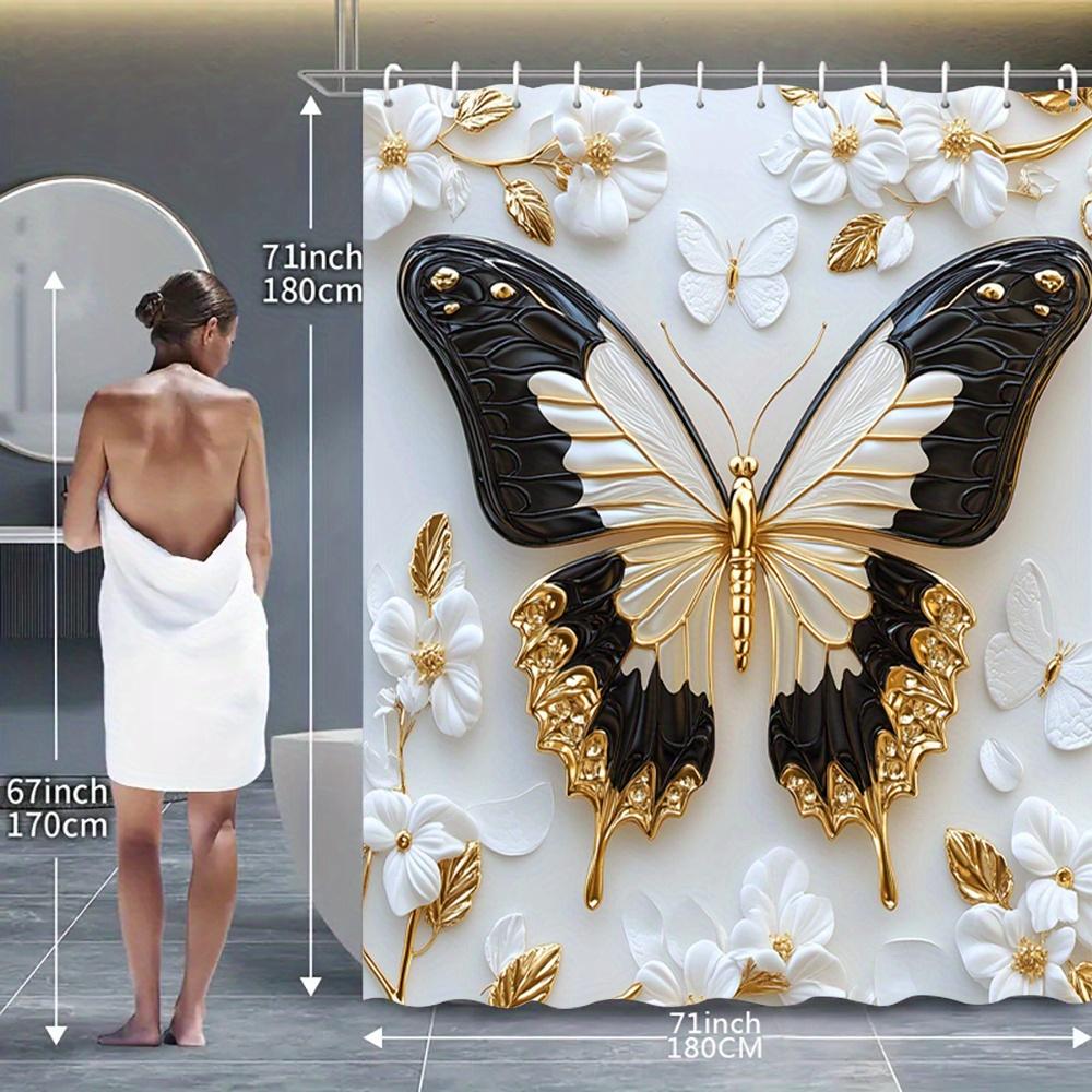 

1/4pcs Bathroom Shower Curtain Set white Golden Butterfly Print Bathroom Curtain With 12 Hooks Non Slip Rugs Toilet Cover Mat Bathroom Partition 1PCS 71in*71in(180cm*180cm）