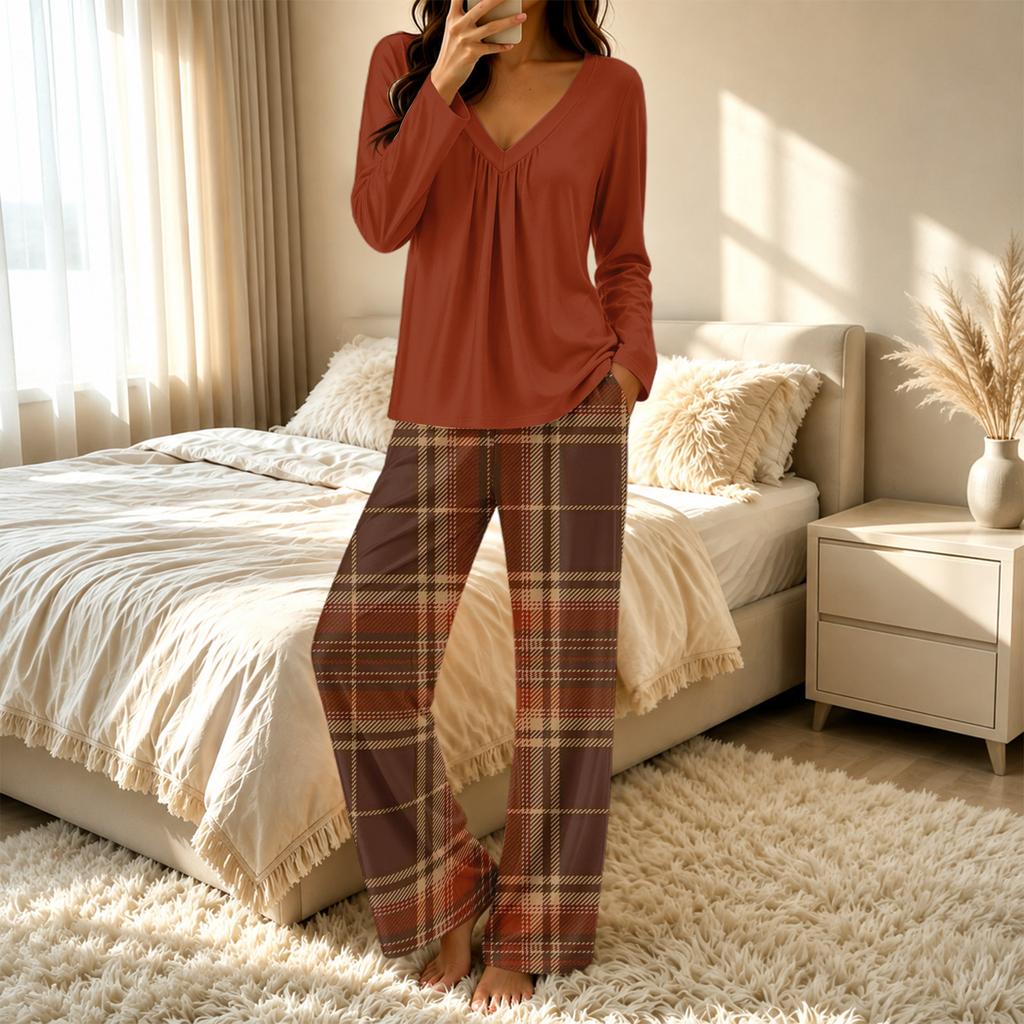 Women's Casual V-Neck Printed Pajama Set Loose Fit Sleepwear for Home