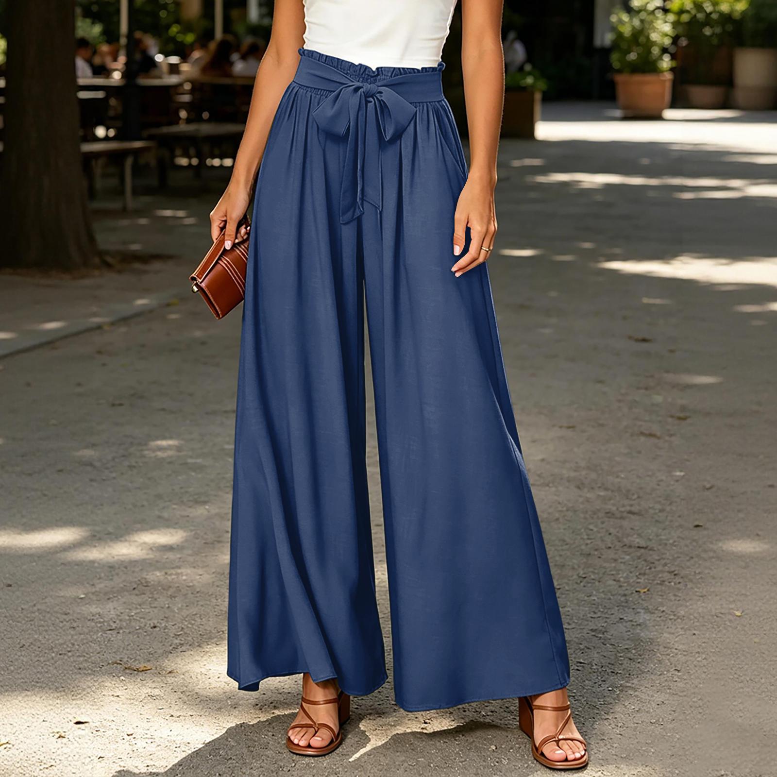 

Women High Waist Wide Leg Pants Bohemian Style Palazzo Trousers with Drawstring and Pockets for Casual Relaxed Fit S