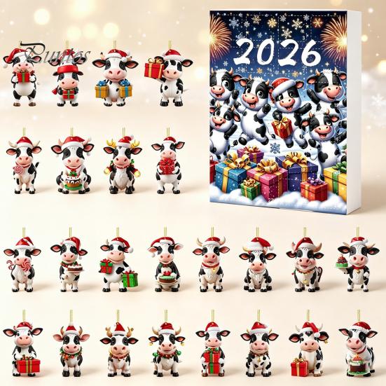 Decorative Ornaments for Backpacks Keys Christmas Cow Ornament Advent Calendar 2026, 24 Days 2D Acrylic Hanging Pendant Creative Holiday Gift