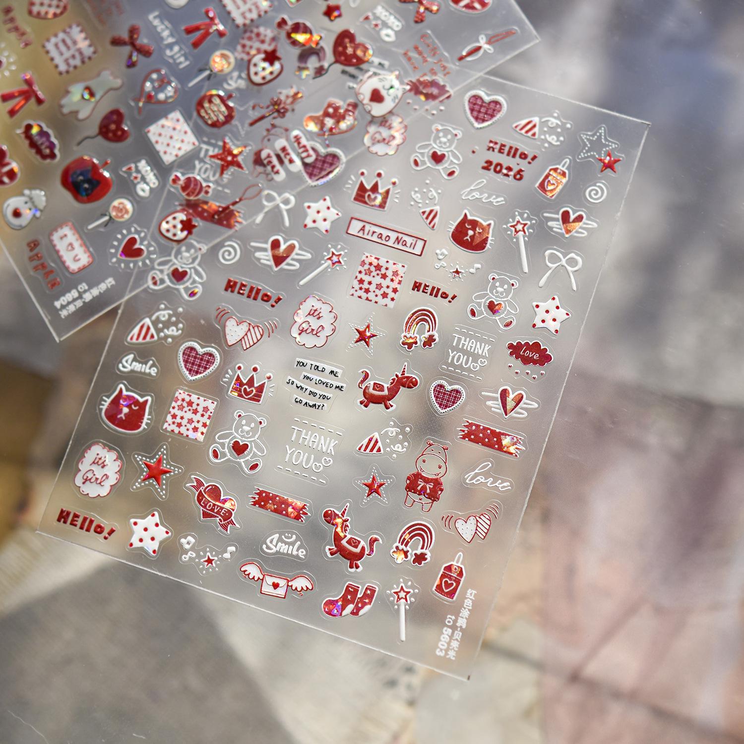 Tomoni Ai Rao Kids Cute Red Graffiti Embossed Nail Stickers.