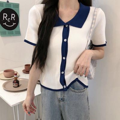 Summer Korean Version POLO Collar Slim Fit Contrasting Short Sleeved Knitted T-shirt Women's Versatile Short Top