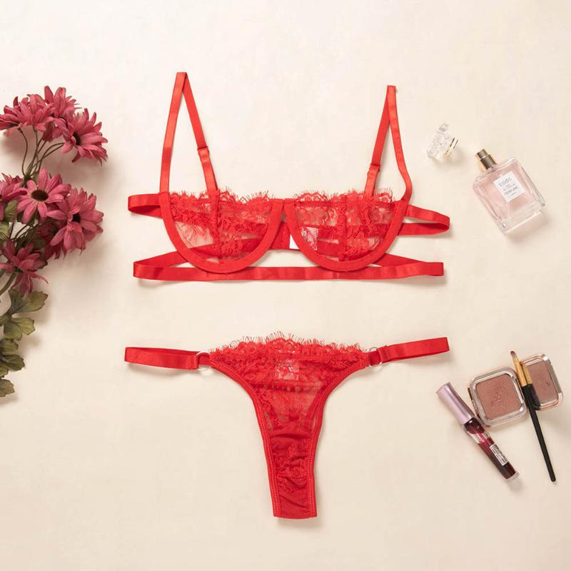 Ladies Sexy Lingerie Set Erotic Lingerie Lace Underwire Bra Set Erotic Exotic Lingerie Fashion Perspective Bra Thong Set