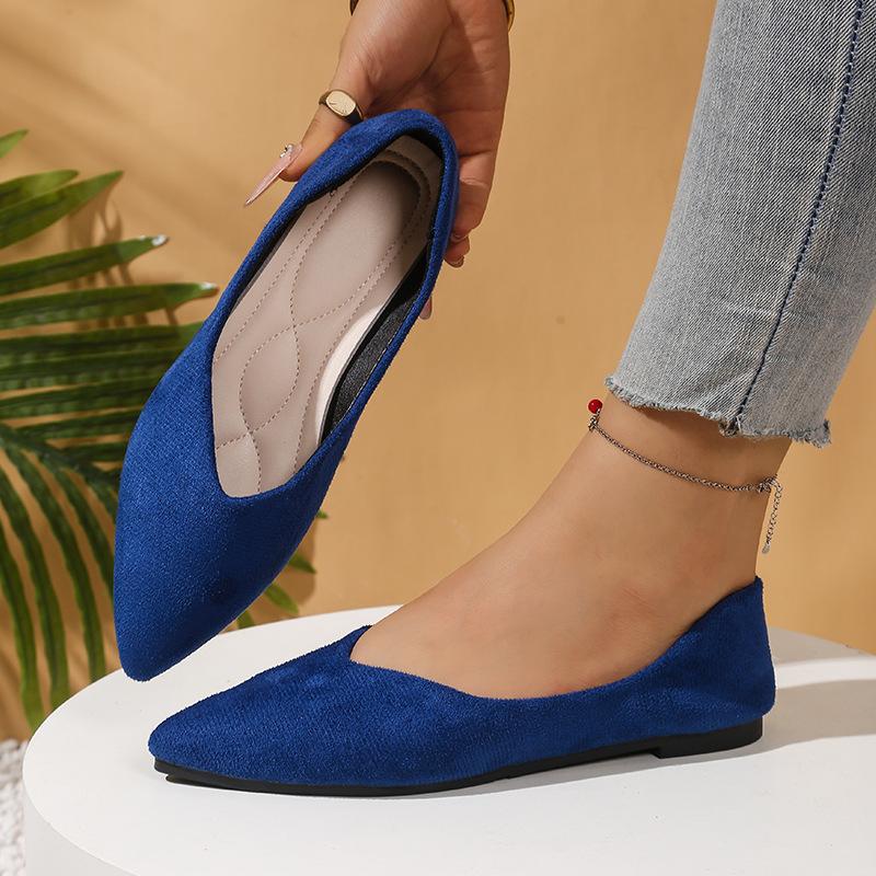 Large size pointed flat bottom shallow mouth single shoes women's new four-season suede flat heel work ladyshoes