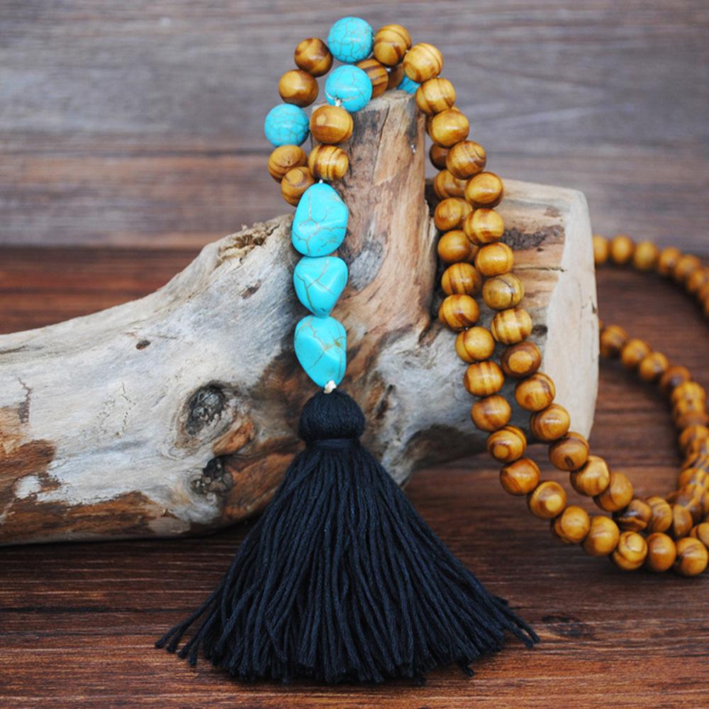 Bohemian Accessories Tassel Sweater Chain Necklace Women's String Wood Bead Long Necklace Jewelry