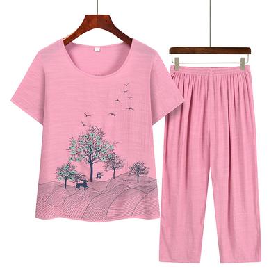 Dam 2-delat pyjamasset O-ringad tryckt kortärmad elastisk midja plisserad lös tunn vida ben nattkläder t-shirt byxor