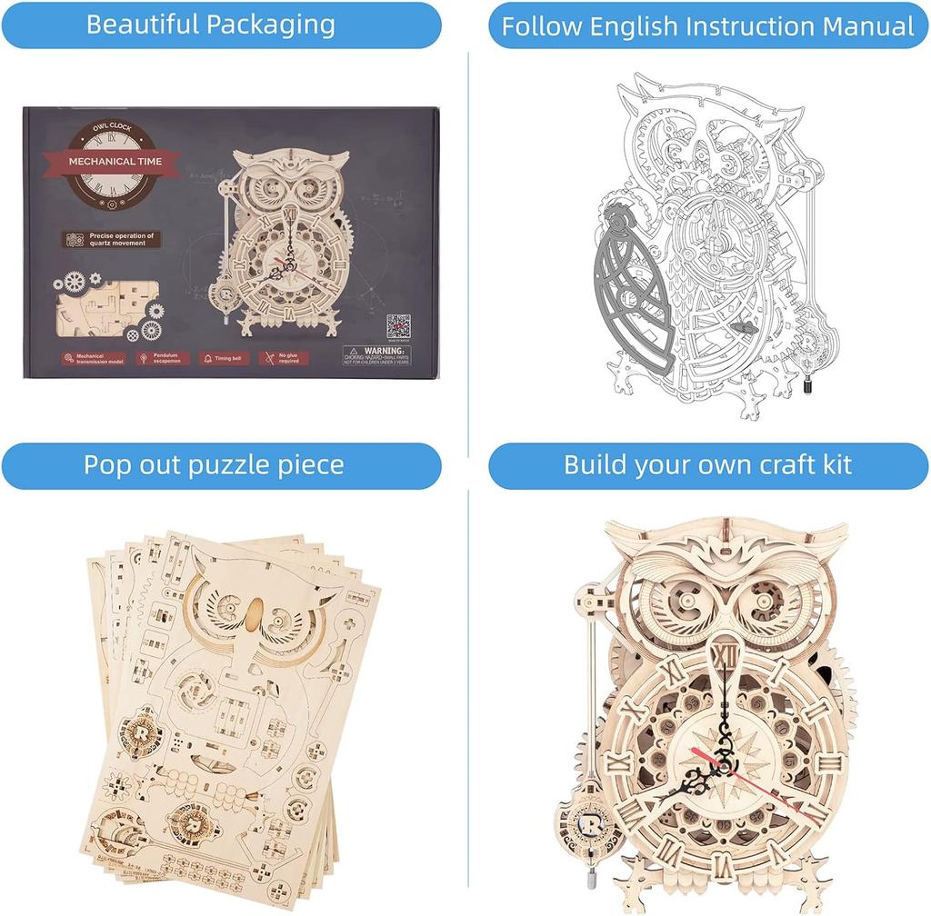 ROBOTIME ROKR Owl Clock Mechanical Gears 3D Wooden Puzzle LK503