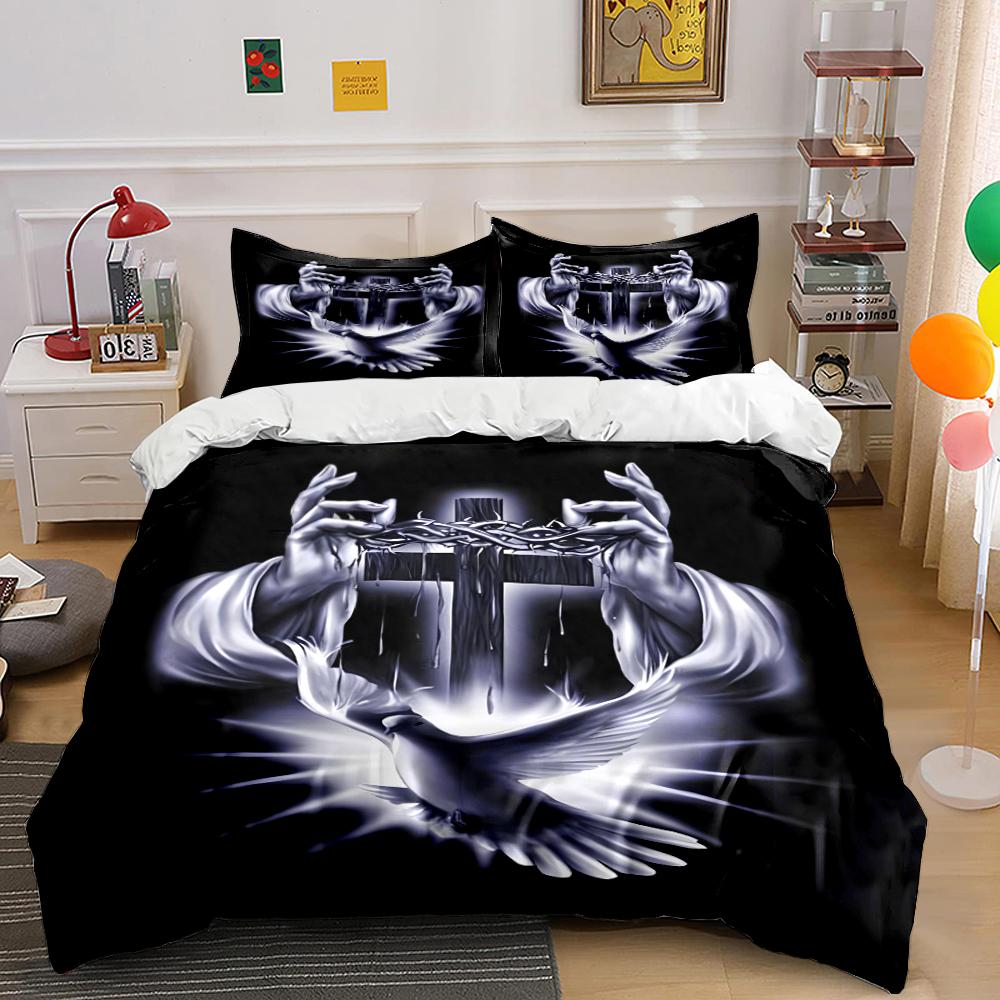 Religious Cross Dove Print Bedding Set Bedding Set (1 Duvet Cover, 2 Pillowcases, Duvet Not Included)