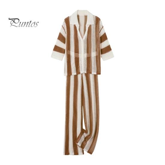 

2 шт./компл., женская рубашка и брюки, комплект трикотажных полых V-образным вырезом, однобортная блузка с рукавами три четверти, высокая талия, широкие брюки, пляжный наряд XL