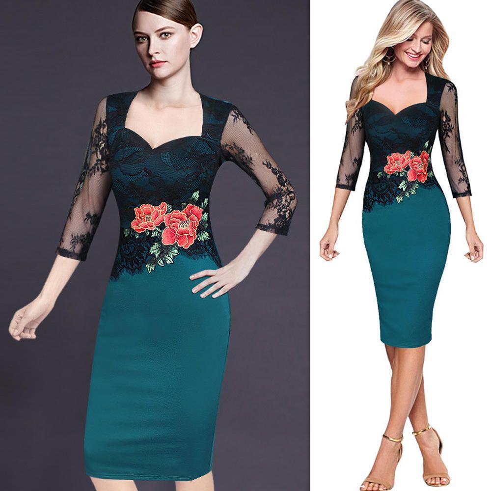 Office Women Sexy V-neck Lace Embroidered Floral Cocktail Evening Party Dress In Premium Quality Fabric