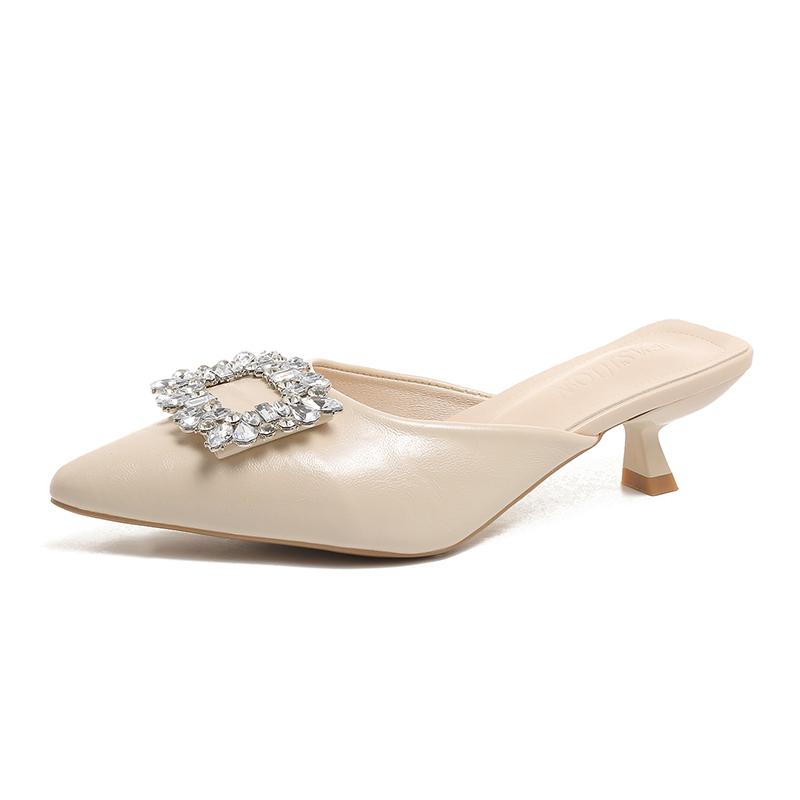 

Fashion Pointed Toe Shallow Slip Rhinestone Square Buckle Stiletto Heel Semi-drag Women s Fashion Non-Slip Wear-Resistant Wrapped 35