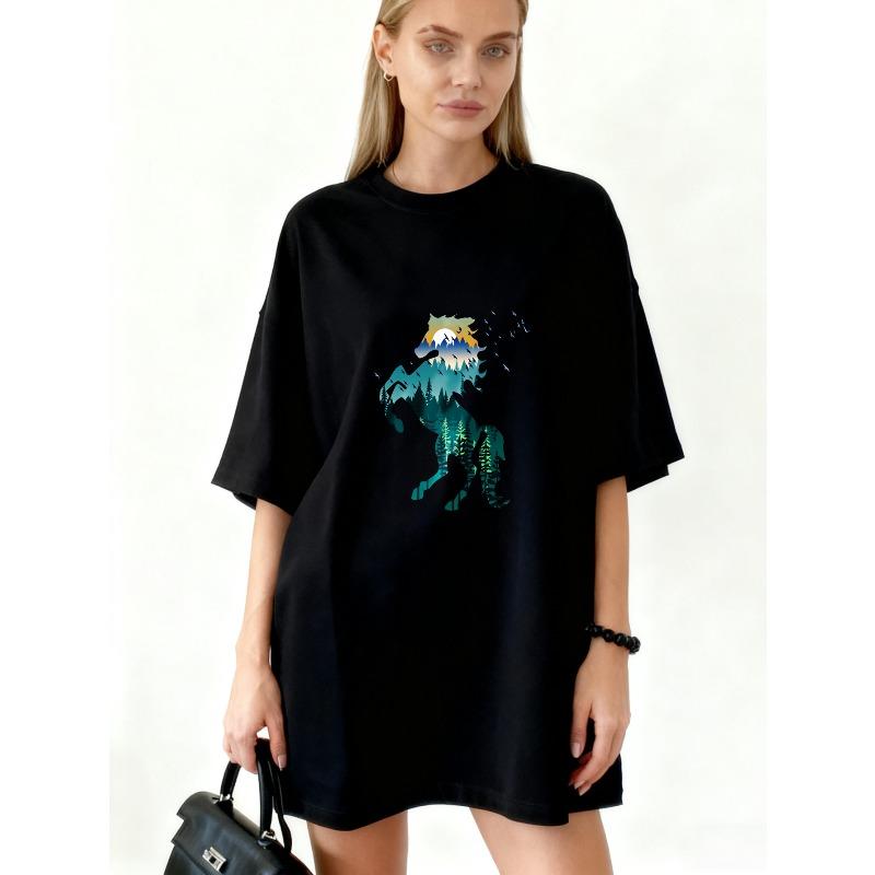 Oversized T Shirt Black Mountain Landscape Print For Casual Wear
