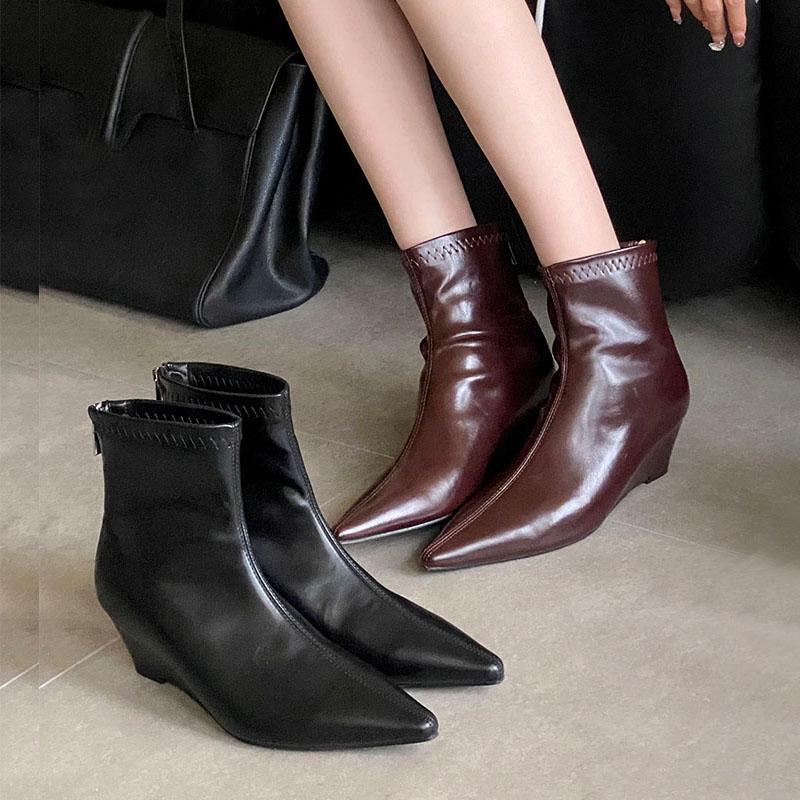 Fashion Pointed Toe Modern Ladies Ankle Boots With Wedges Shoes Fashion Elastic Women Short Stretch Boots Female Zippers Shoes