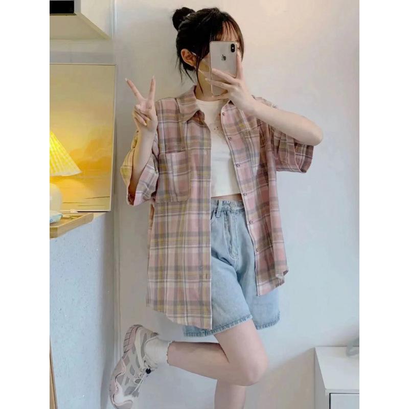 Women's Summer Pink Plaid Polo Collar Short Sleeve Shirt Jacket - Japanese Retro Style