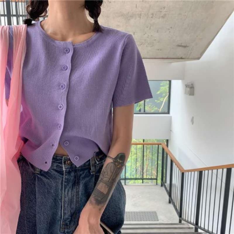 

Fashion Taro Purple Lazy Wind Short-sleeved Knitted Cardigan Female Slim Short Section Navel Blouse Spring Casual Essential Slim Fit Pullovers Tees One Size фіолетовий
