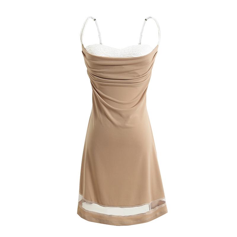 

Summer European and American style pure desire sexy babes khaki lace suspender splicing perspective mesh dress women L хакі