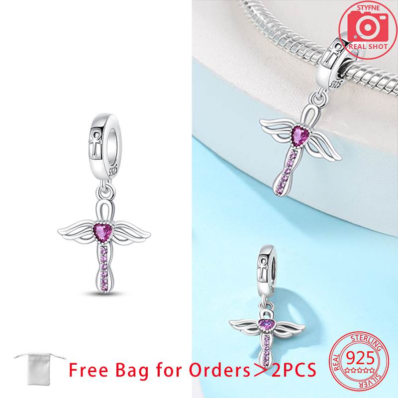 Authentic Pink Zircon Love Cross Wing Cross Retro Pattern Cross Charm Bead Charms Copper Bead Charms Pendant Compatible With Do It Yourself Bracelets