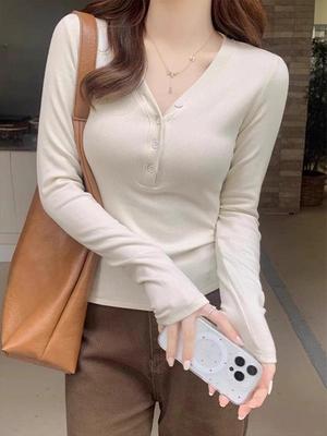 Women's Lyocell V-neck Slim-fit Long Sleeve Top - Korean Style Autumn/Winter 2025