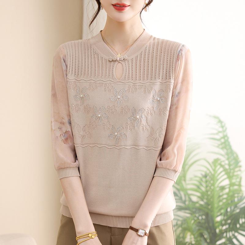 

Весенний чонсам для мамы с воротником, трикотажная блузка из ледяного шелка для пожилых женщин, летний стиль XL (90-105 jin)