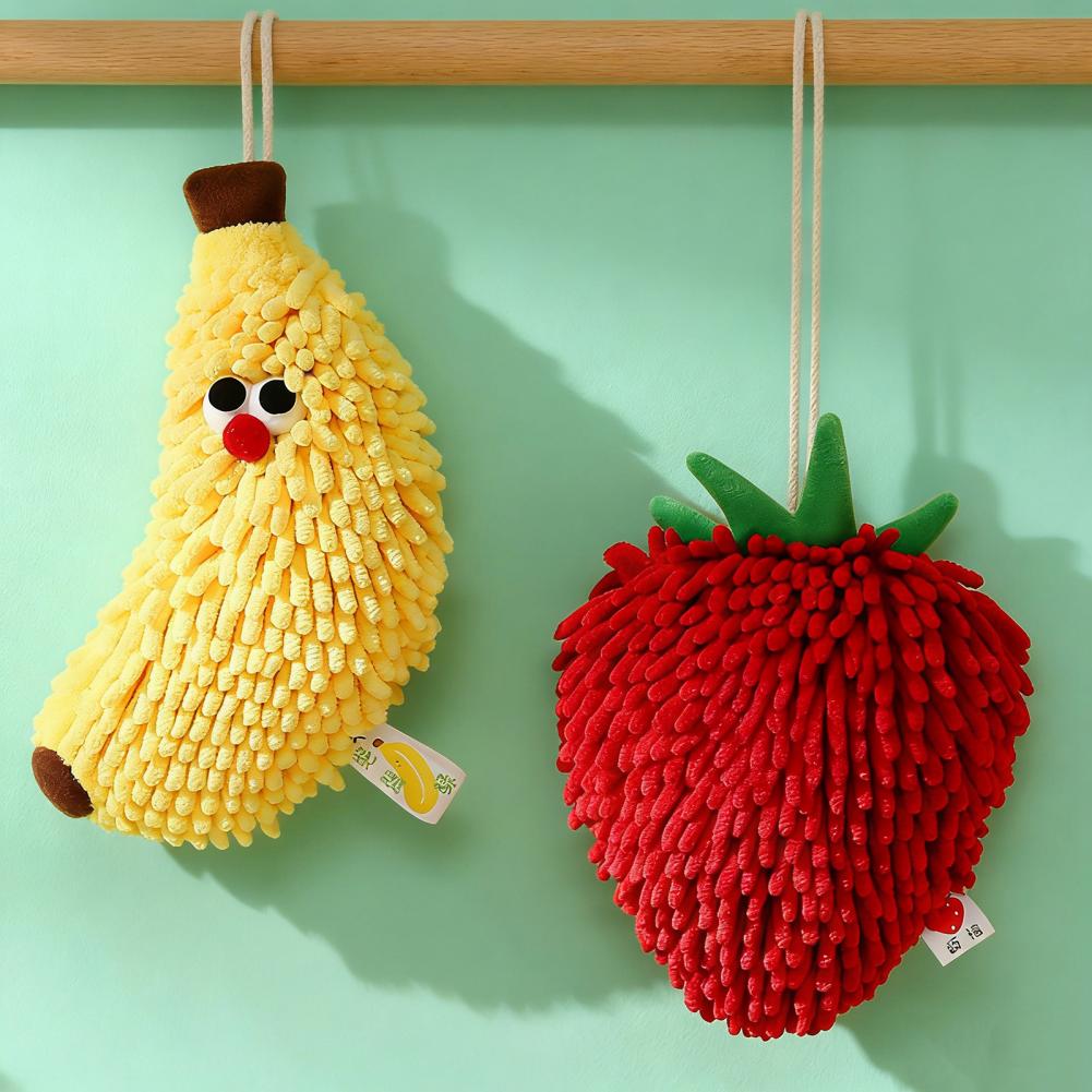 Cute Fruit Hand Towel Fuzzy Strawberry Banana Towel Absorbent Chenille Soft Puff Towel with Hanging Loop for Bathroom Kitchen