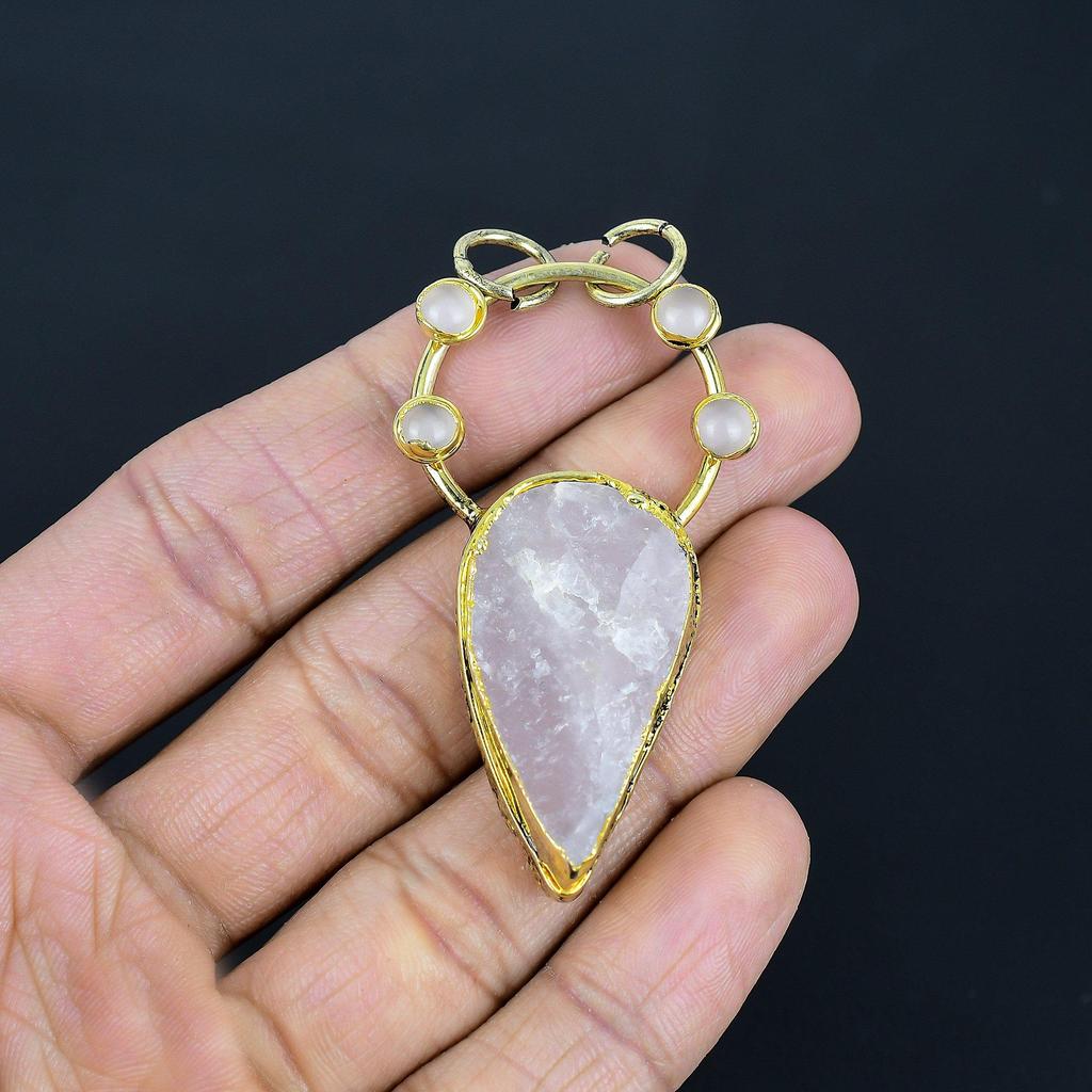 Rose Quartz Pendant, Copper Electroformed Gemstone Jewelry, Handmade Pendant For Mother Day