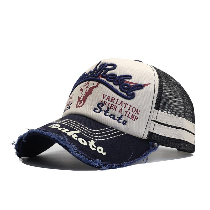 New Washed Mesh Baseball Cap Men's Spring and Summer Fashion Bull's Head Pattern Letter Embroidery Cap Mesh Cap