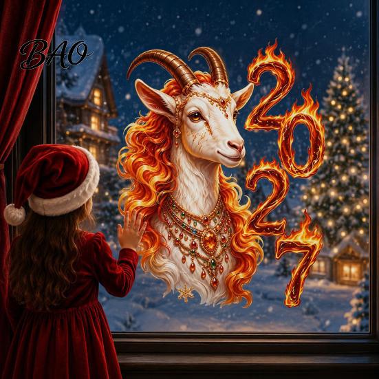 Lively New Year Party Decor Chinese Window Sticker, 2027 Goat Static Clings, Festive Glass Surface Adornment Reusable Lunar Xmas for Home Shop