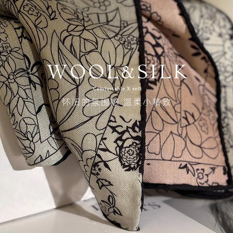 Mulberry silk wool 65 silk wool blended plain flower square scarf women s spring and summer elegant high-end silk scarf Standard